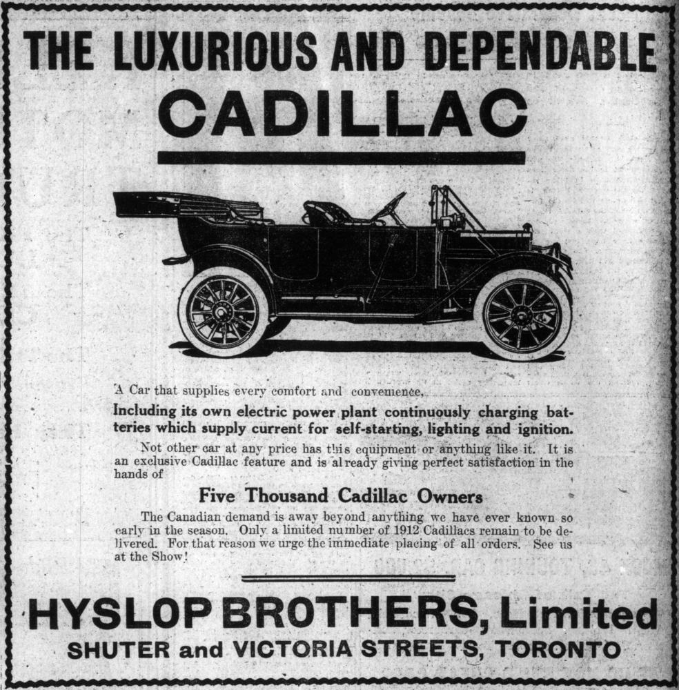 Newspaper advertisement for the 1912 Cadillac touring car, praising its electric power plant for self-starting, lighting and ignition